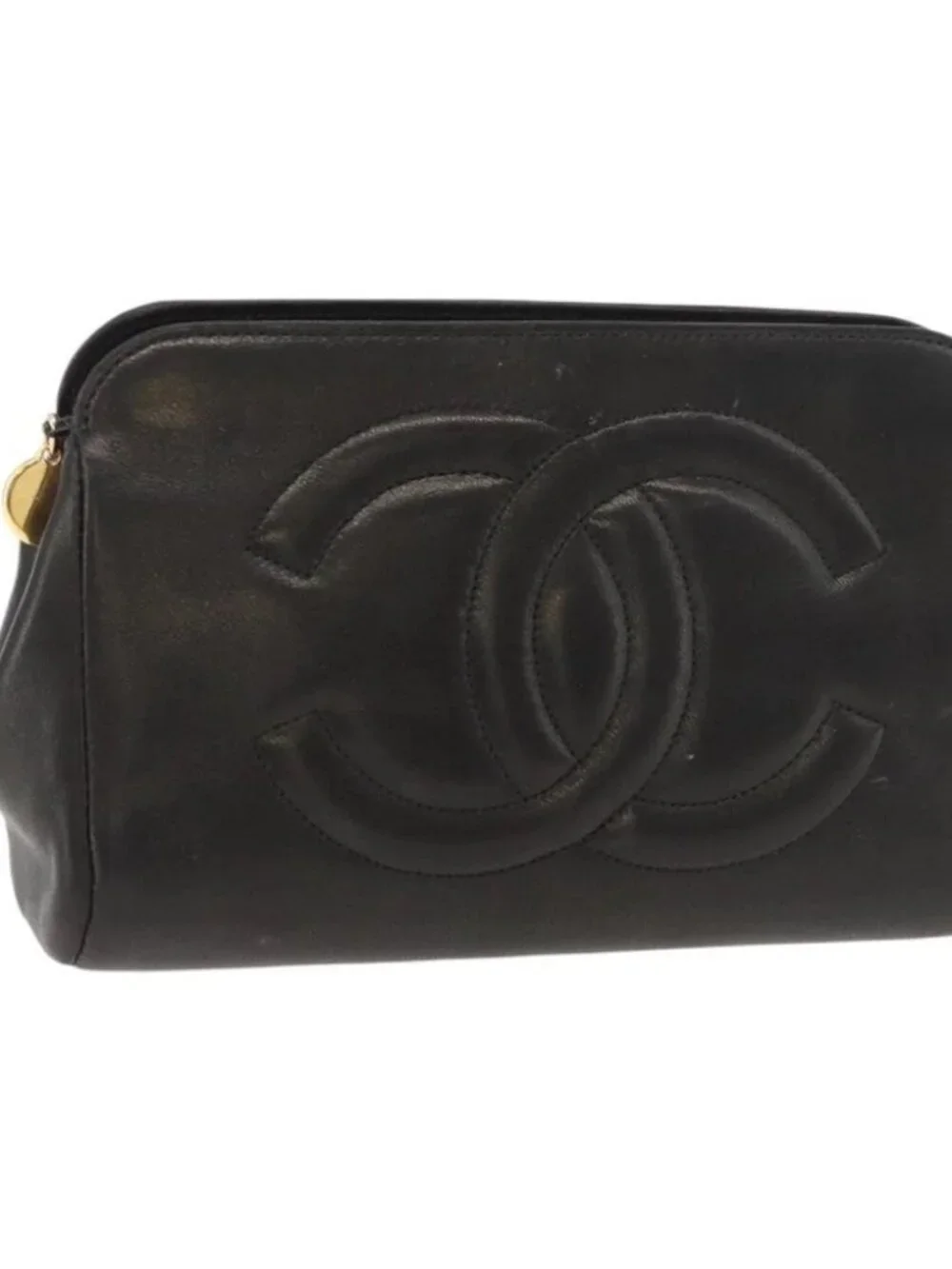 CHANEL Pouch Lamb Skin Black Gold CC Auth bs35075